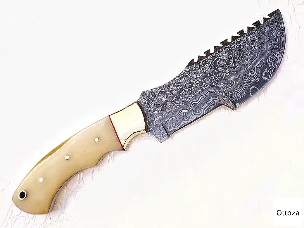 Damascus Tracker Knife with Bone Handle with Sheath Horizontal Carry