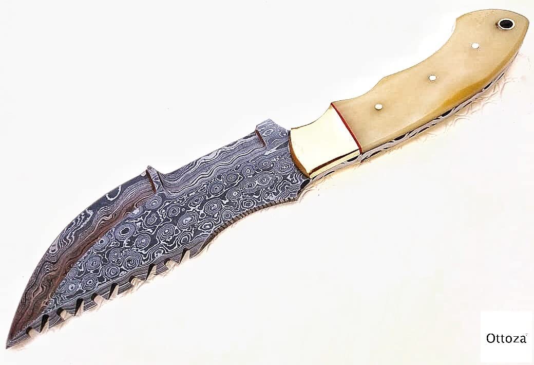 Damascus Tracker Knife with Bone Handle with Sheath Horizontal Carry