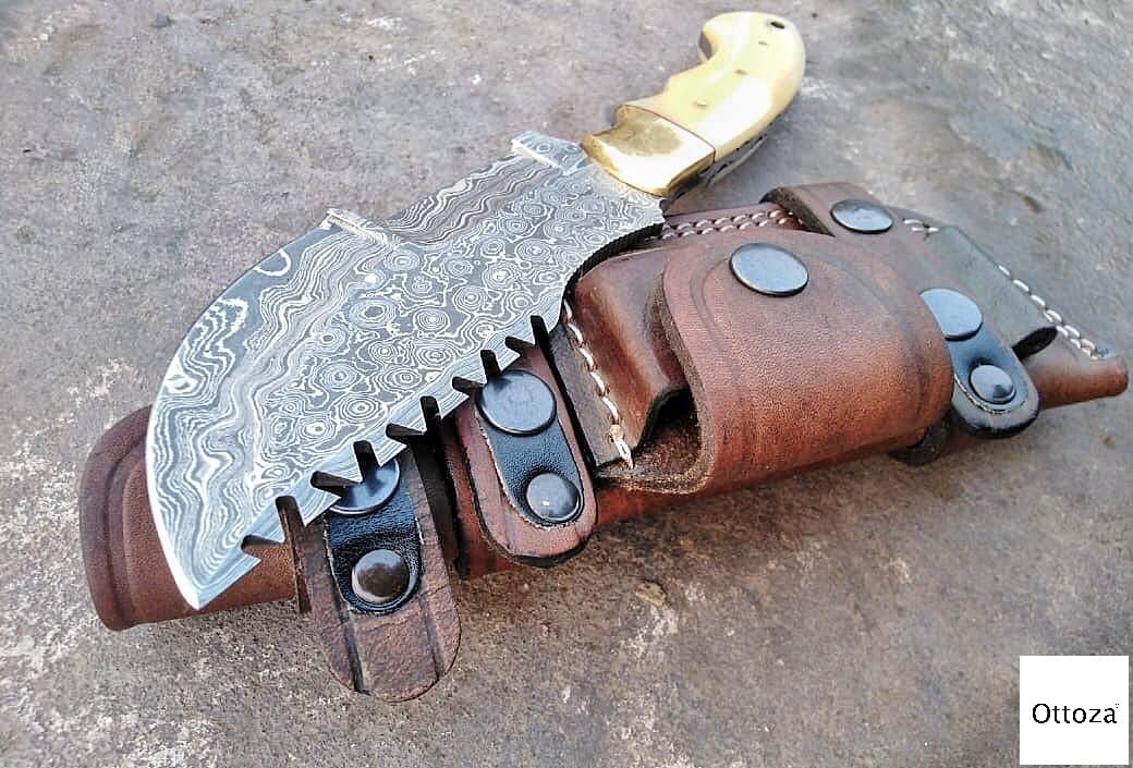 Damascus Tracker Knife with Bone Handle with Sheath Horizontal Carry