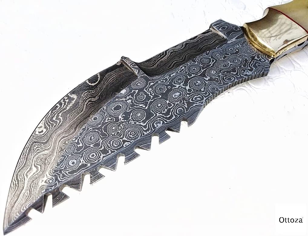 Damascus Tracker Knife with Bone Handle with Sheath Horizontal Carry