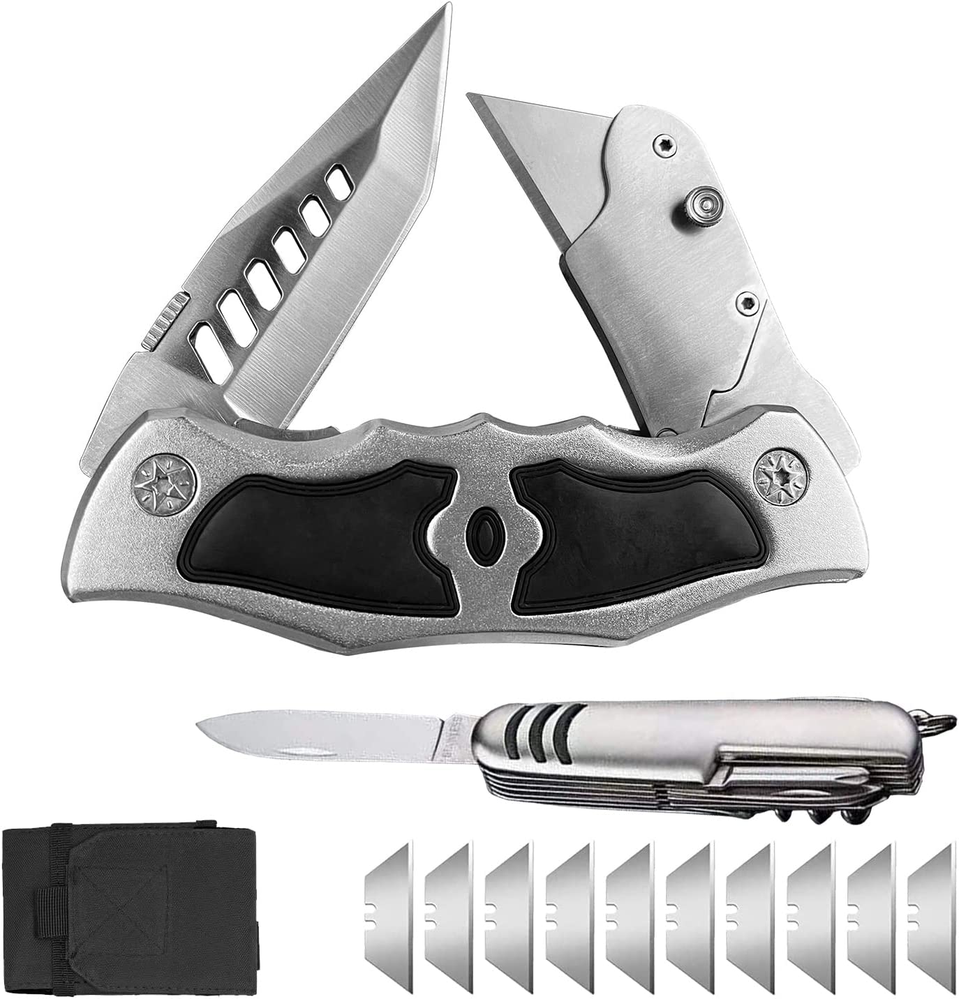 Folding Utility Knife with Sheath and 10 Razor Blades