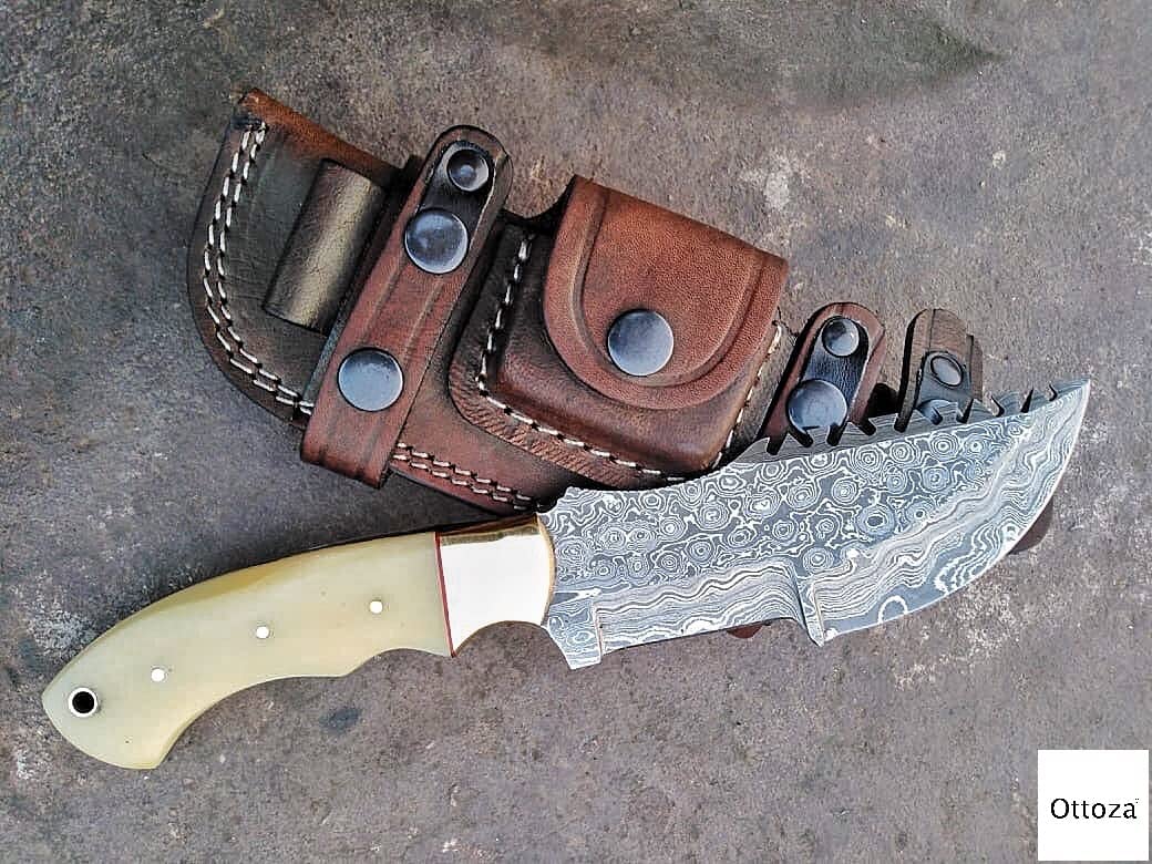 Damascus Tracker Knife with Bone Handle with Sheath Horizontal Carry