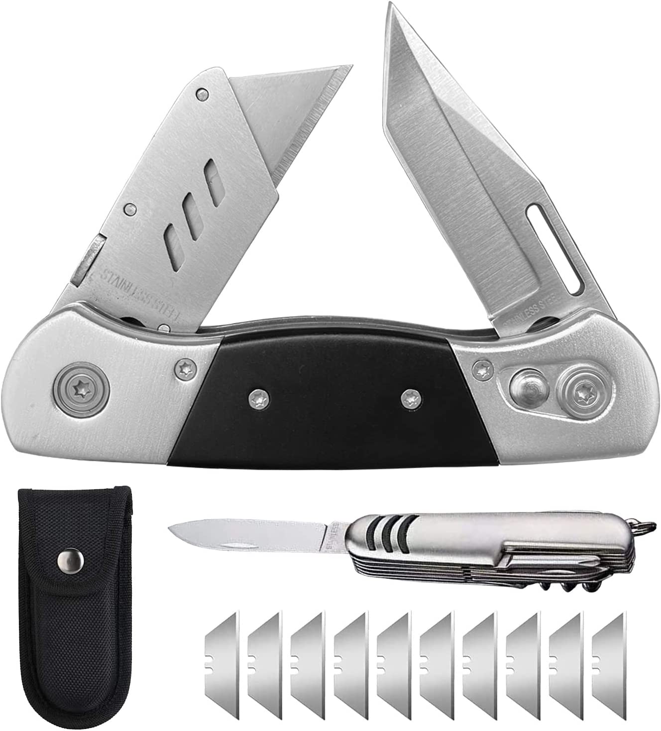 Folding Utility Knife with Sheath and 10 Razor Blades